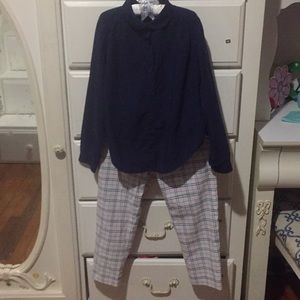 Uniqlo kids set navy blue blouse/checkered pants